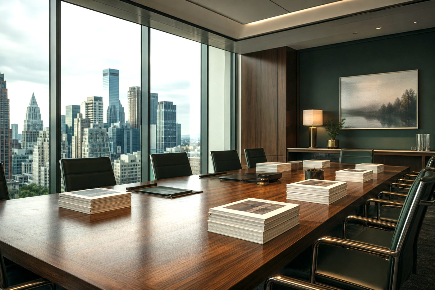 Boardroom prepared for an investment committee meeting